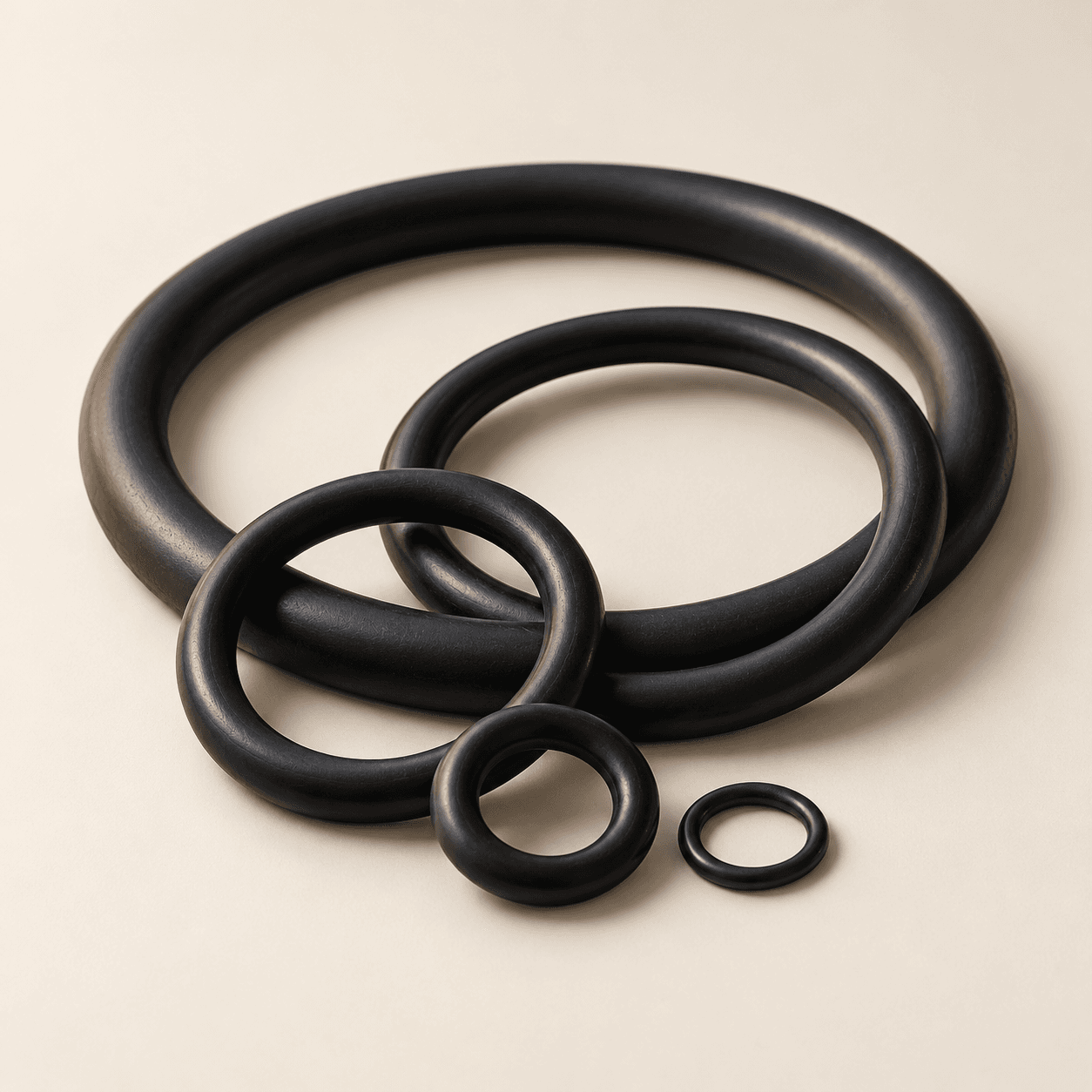 Illustrative studio arrangement of black rubber O-rings in several sizes