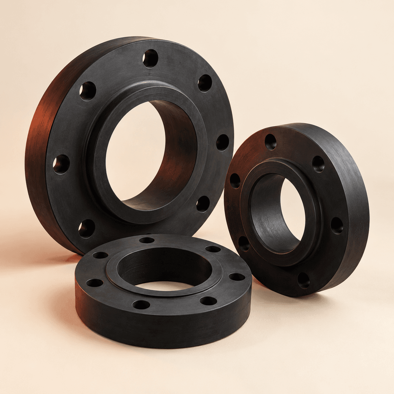 Illustrative studio arrangement of black molded rubber flanges